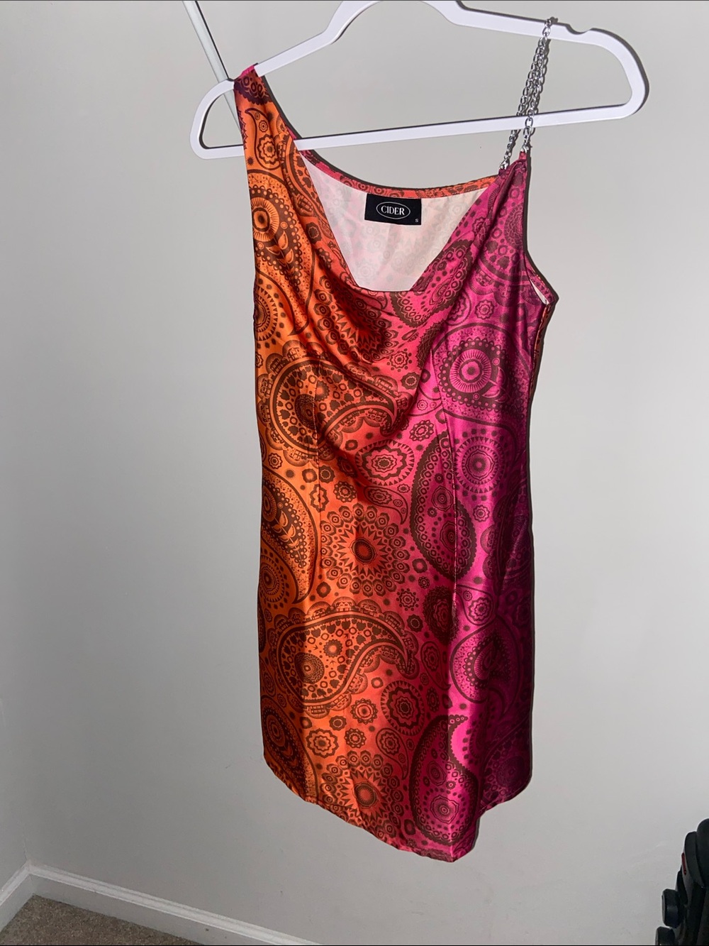 CIDER Pink & Orange Paisley Satin Slip Dress with Chain Strap